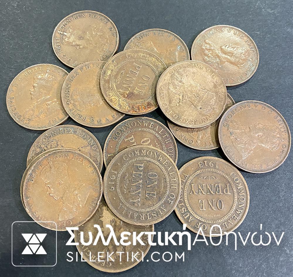 ΑΥΣΤΡΑΛΙΑ Συλλογή 17 Διαφορετικά κέρματα της μίας Πένας 1910-1936 VF
